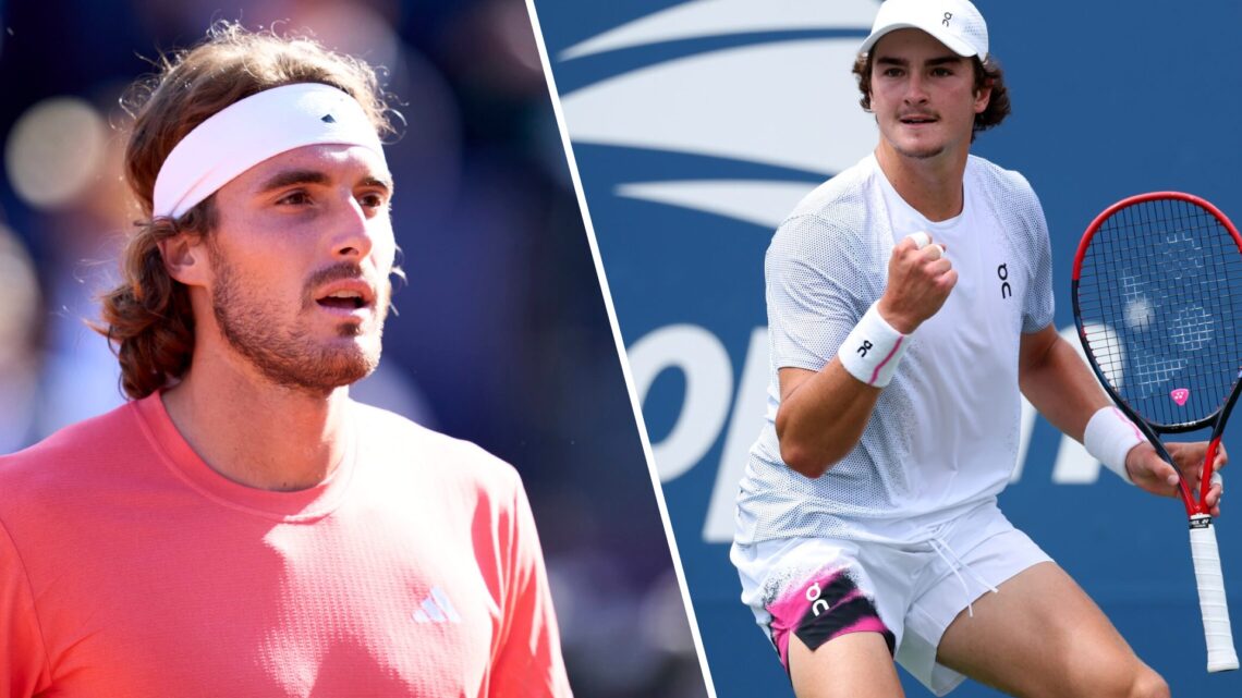 Split image of Stefanos Tsitsipas of Greece looks on against Facundo Diaz Acosta of Argentina during their quarterfinals match on day five of the B...