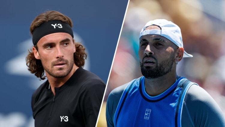 Split image of Stefanos Tsitsipas looking on at the 2025 US Open and Nick Kyrgios looking on at the 2025 Miami Open