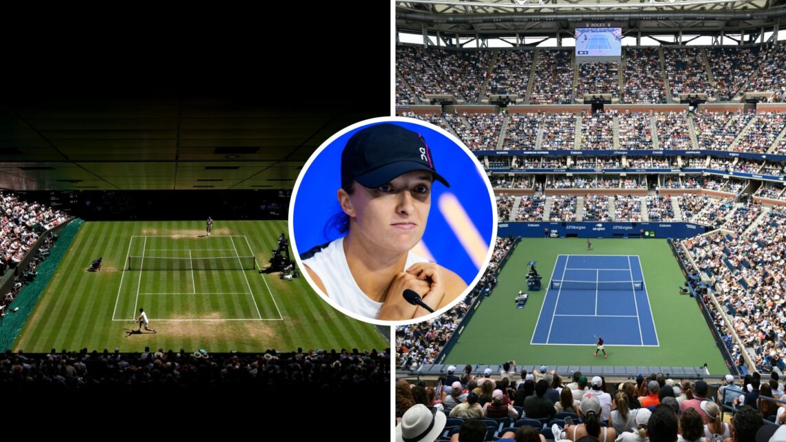 Split image of a general view over Centre Court as Carlos Alcaraz of Spain plays a backhand against Taylor Fritz of United States during the Gentle...