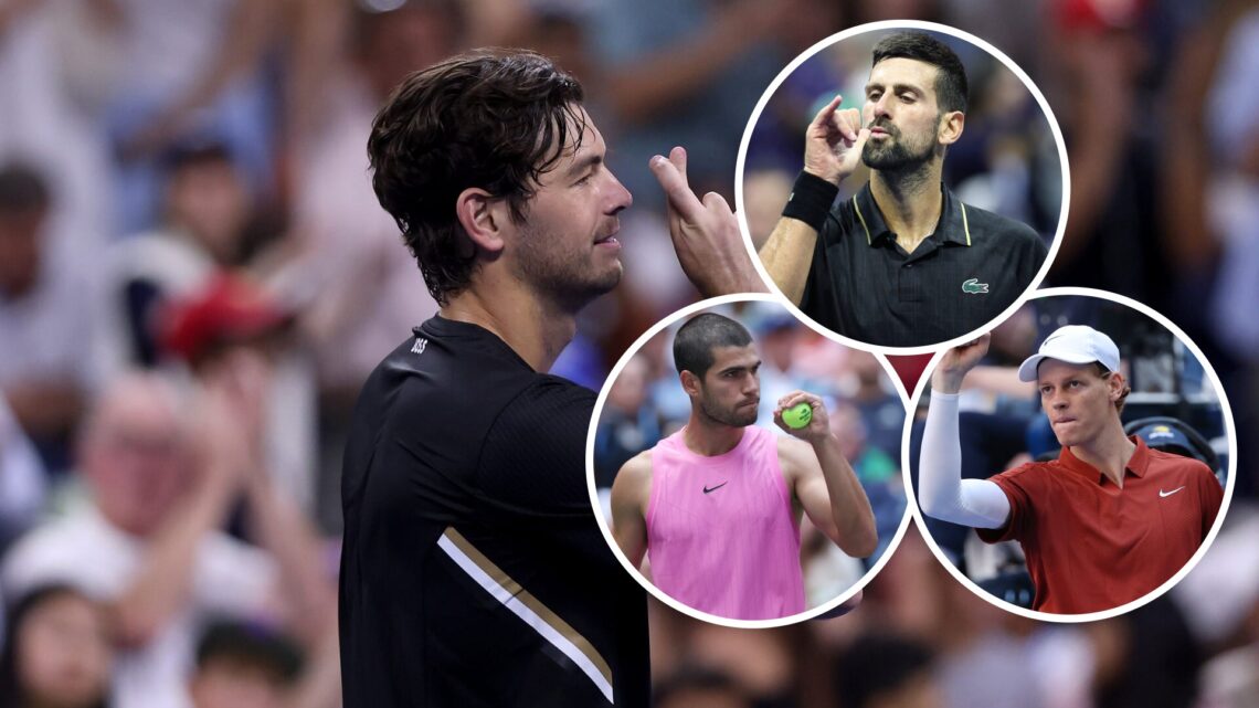 Main: Taylor Fritz at the US Open and Insets: Top: Novak Djokovic, Bottom (Left): Carlos Alcaraz and Bottom (Right): Jannik Sinner