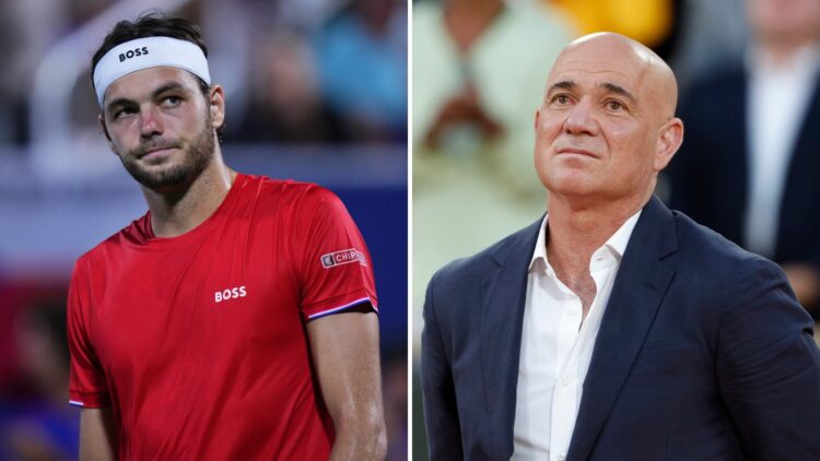Split image of Taylor Fritz reacting at the 2025 Davis Cup and Andre Agassi attending the 2025 French Open final trophy ceremony