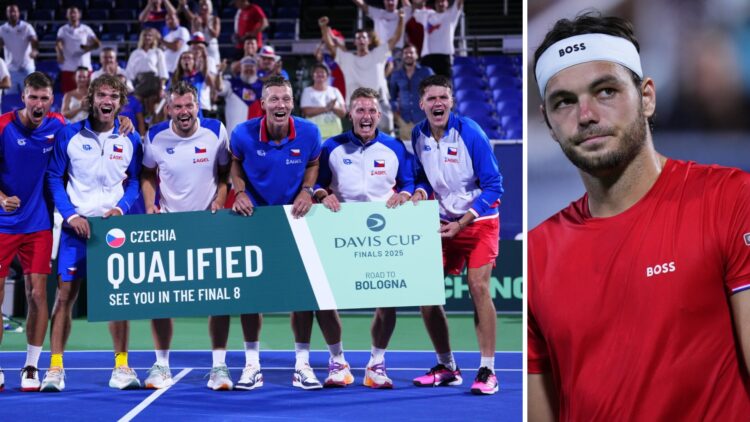 Split image of Team Czechia celebrates after defeating Team USA in the 2025 Davis Cup Qualifier second round match between USA and Czechia at Delra...