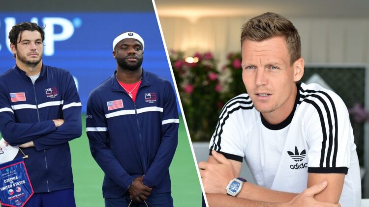 Split image of Taylor Fritz and Frances Tiafoe at the 2025 Davis Cup, image of Tomas Berdych speaking to the media ahead of the 2016 Monte-Carlo Ma...