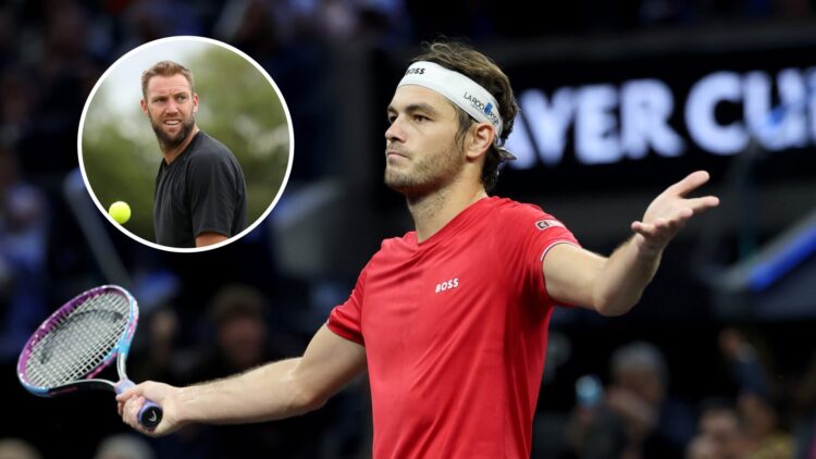 Taylor Fritz celebrates at the 2025 Laver Cup, inset Jack Sock looks on at the 2022 Ilkley Trophy