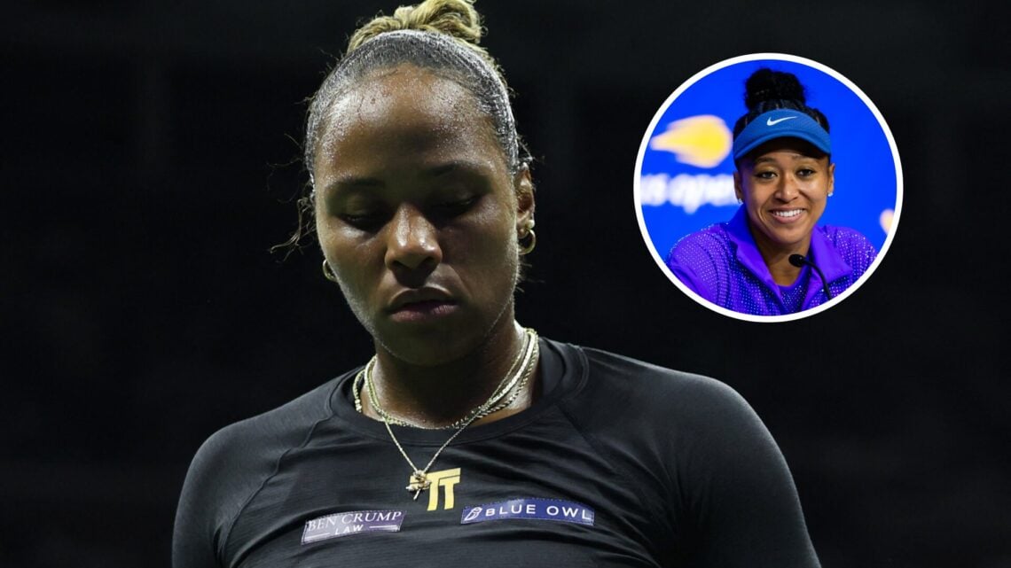 Taylor Townsend looks on during the 2025 US Open, inset Naomi Osaka speaks to the media at the 2025 US Open