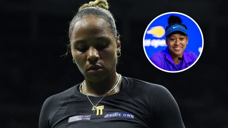 Taylor Townsend looks on during the 2025 US Open, inset Naomi Osaka speaks to the media at the 2025 US Open