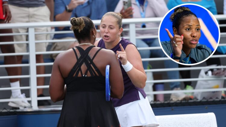 Jelena Ostapenko of Latvia argues with Taylor Townsend of the United States following their Women's Singles Second Round match on Day Four of the 2...