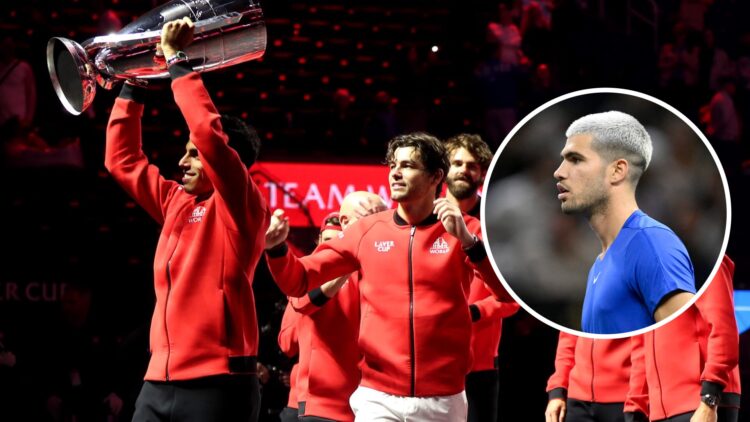 Team World celbrating winning the Laver Cup in 2025, with an inset of Carlos Alcaraz looking on during his opening doubles match at the 2025 Laver ...