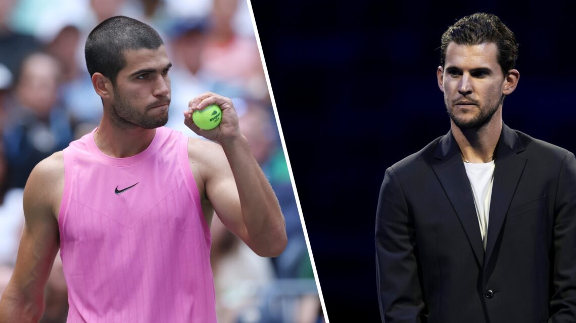 Left: Carlos Alcaraz in action at the US Open and Right: Ex-player Dominic Thiem