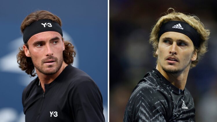 Stefanos Tsitsipas (L) looks on at the US Open, Alexander Zverev (R) of Germany looks on as he plays against Novak Djokovic of Serbia during their ...