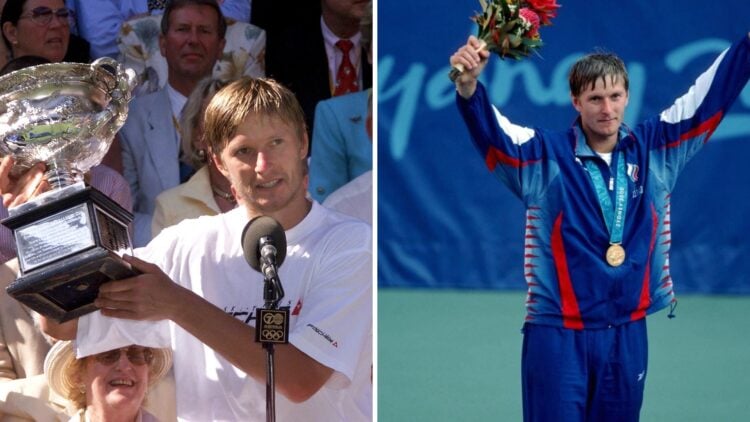 Split image of Yevgeny Kafelnikov of Russia holds his trophy after defeating Thomas Enqvist of Sweden in the men's final of the 1999 Australian Ope...
