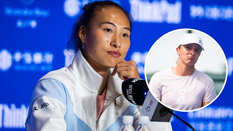 Qinwen Zheng at a China Open press conference, with an inset of Iga Swiatek looking on at the China Open.