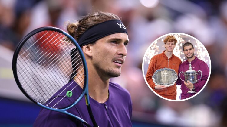 Alexander Zverev reacts during his match with Felix Auger-Aliassime at the 2025 US Open, with an inset of Jannik Sinner and Carlos Alcaraz posing w...