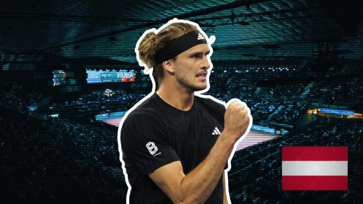 Alexander Zverev, with Vienna Open venue behind him. Austrian flag overlaid.