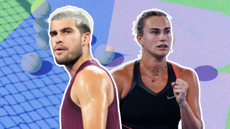Carlos Alcaraz and Aryna Sabalenka superimposed on to geometric background with tennis court and balls behind.