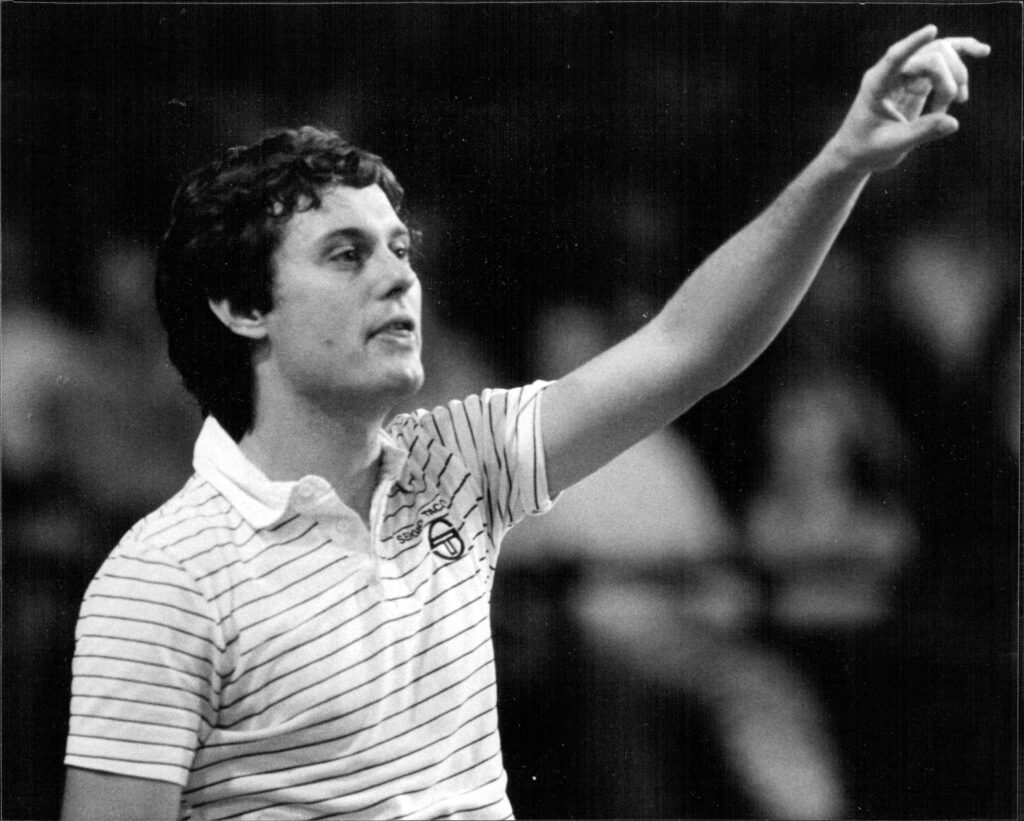 Gene Mayer gesturing in the Tennis Custom Credit final against John McEnroe in Sydney.