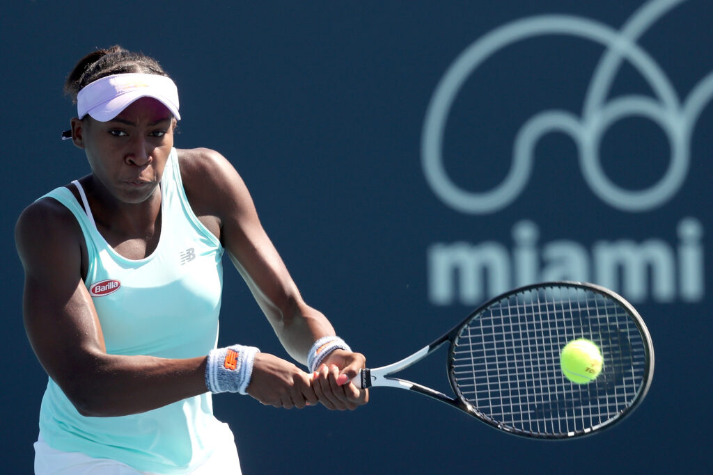 Coco Gauff plays at the 2019 Miami Open