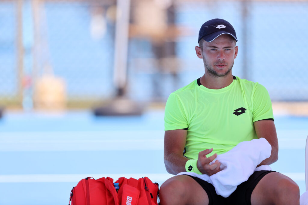 Enzo Couacaud of France looks on during his men's singles final match against Ernesto Escobedo of USA during day eight of the 2022 Bendigo International at Fosterville Gold Tennis Centre.