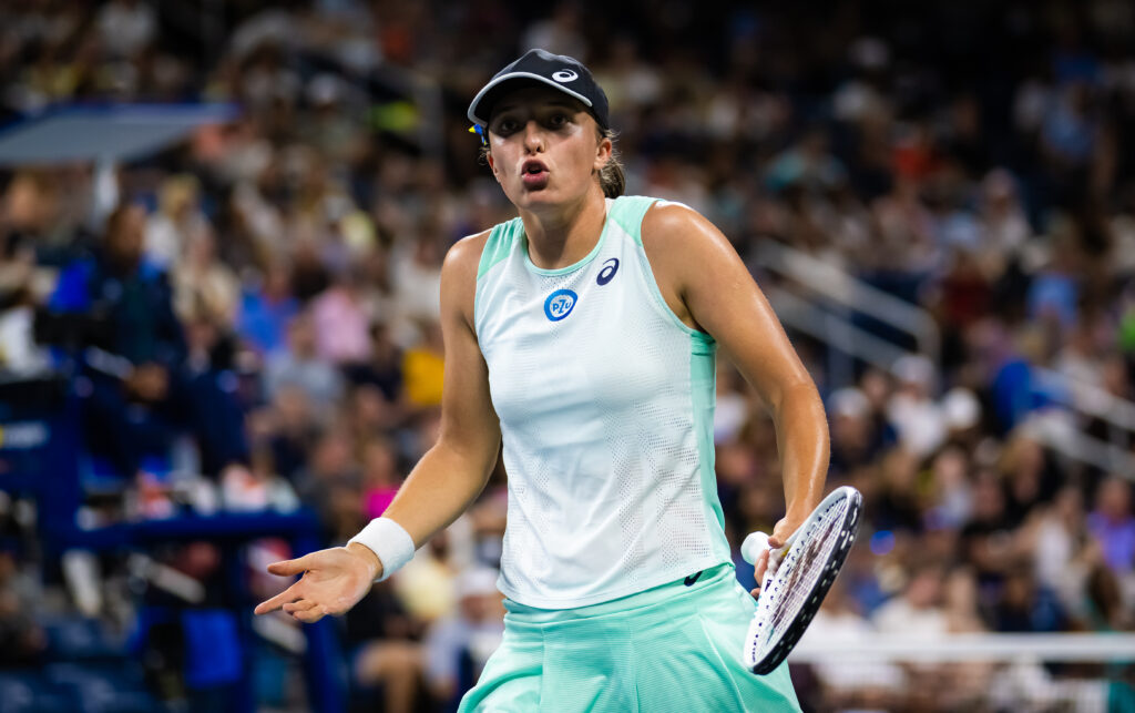 Iga Swiatek of Poland reacts frustrated while playing against Lauren Davis of the United States in her third round match on Day 6 of the US Open Tennis Championships at USTA Billie Jean King National Tennis Center.