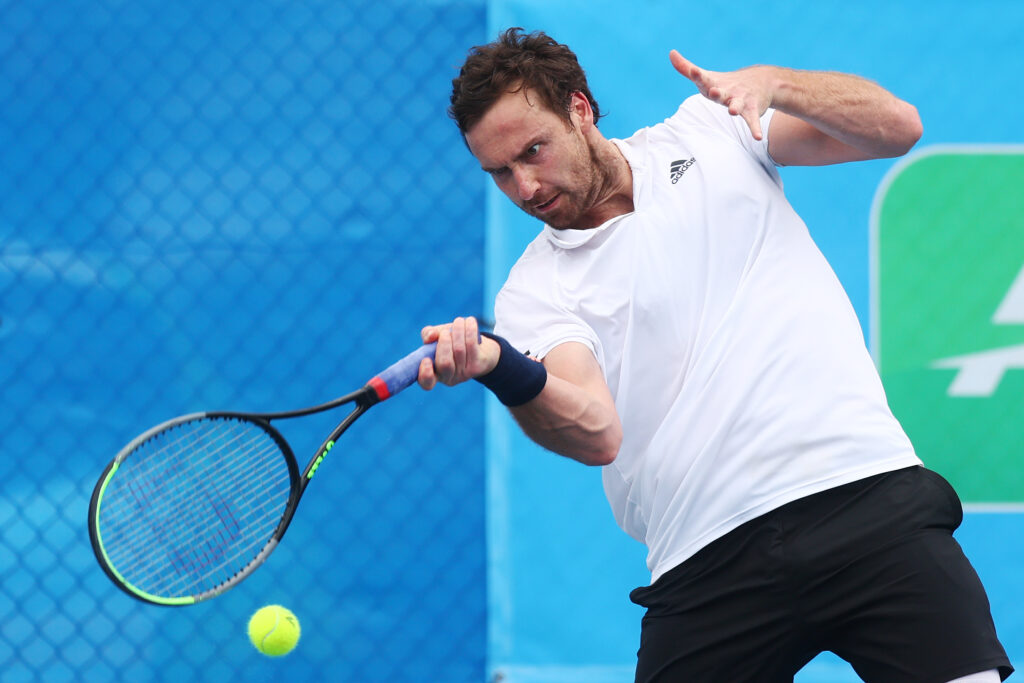 Ernest Gulbis hits a forehand at the 2022 Traralgon International
