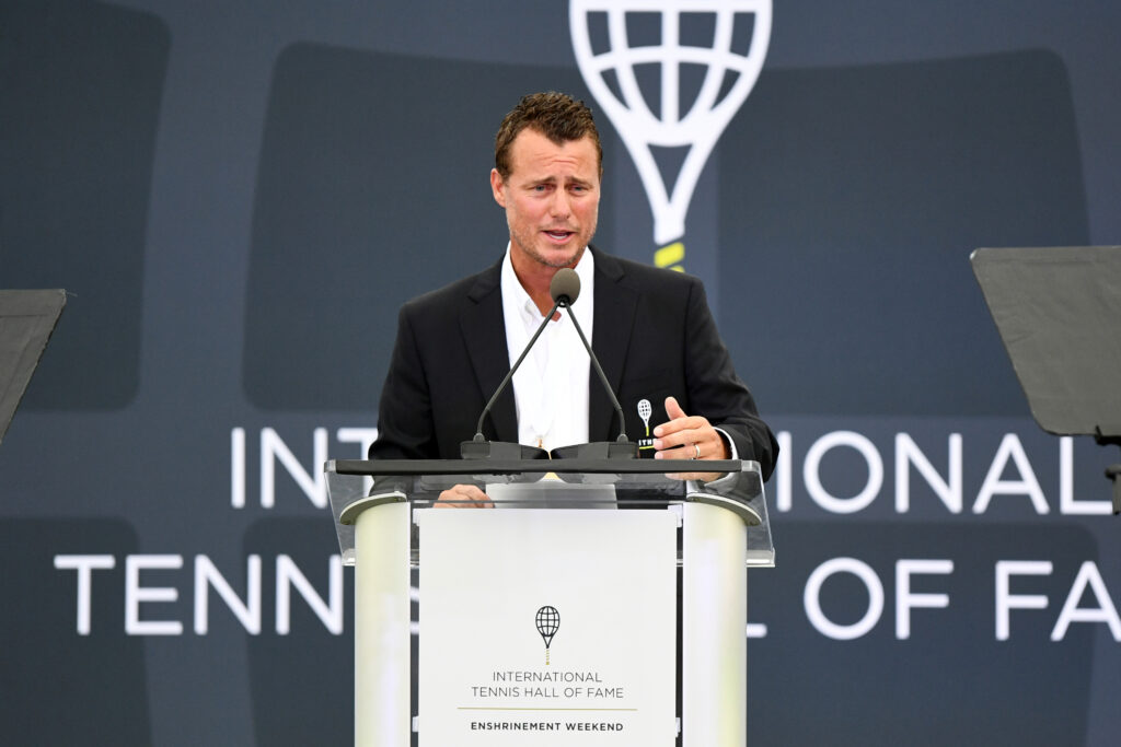 Lleyton Hewitt speaks during his Hall of Fame induction ceremony in 2022