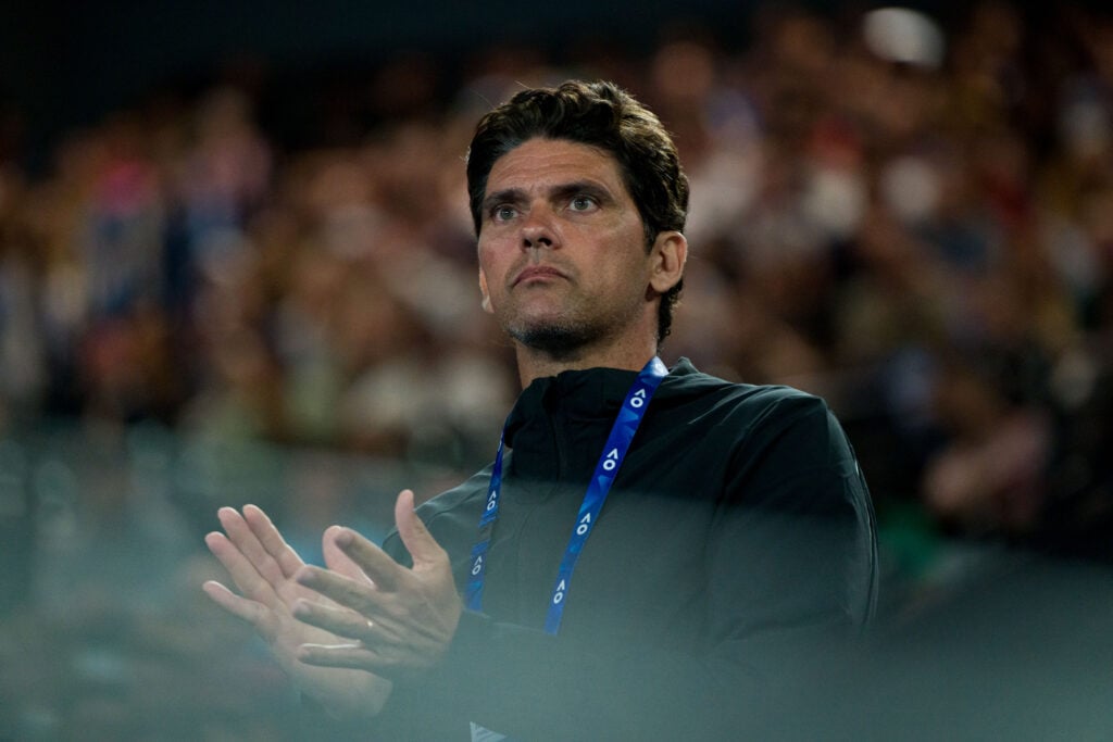 Coach Mark Philippoussis cheers on Stefanos Tsitsipas of Greece during the fourth round singles match against Jannik Sinner of Italy during day seven of the 2023 Australian Open at Melbourne Park.