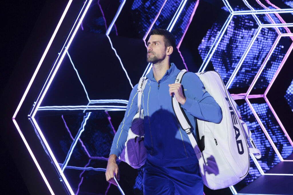 Novak Djokovic walks on court for the 2023 Paris Masters final