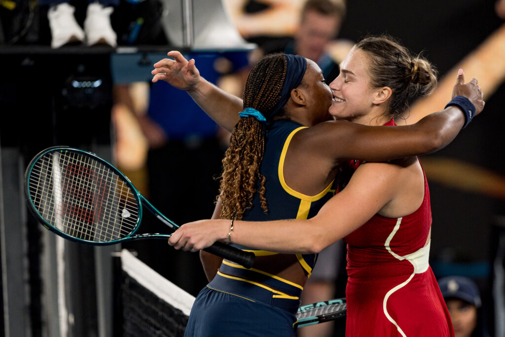 Coco Gauff and Aryna Sabalenka embrace after their 2024 Australian Open semifinal