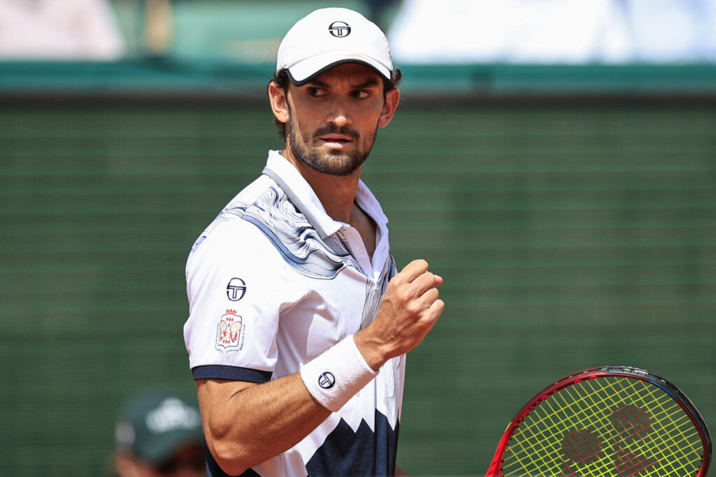 Valentin Vacherot reacts after a point as he plays against Bulgaria's Grigor Dimitrov during their Monte Carlo ATP Masters Series Tournament round of 64 tennis match on the Rainier III court at the Monte Carlo Country Club.