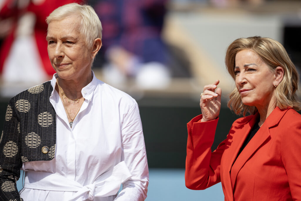 Martina Navratilova and Chris Evert prepare to present the trophies after the Women's Singles Final on Court Philippe-Chatrier at the 2024 French Open Tennis Tournament at Roland Garros.