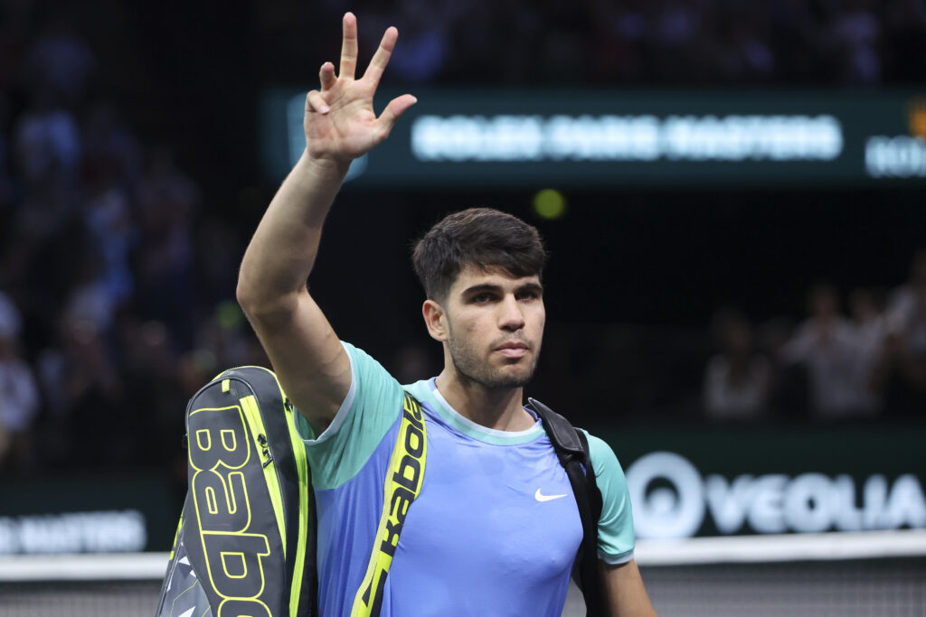 Carlos Alcaraz of Spain during his third round match against Ugo Humbert of France on day four of the Rolex Paris Masters 2024 at Accor Arena.
