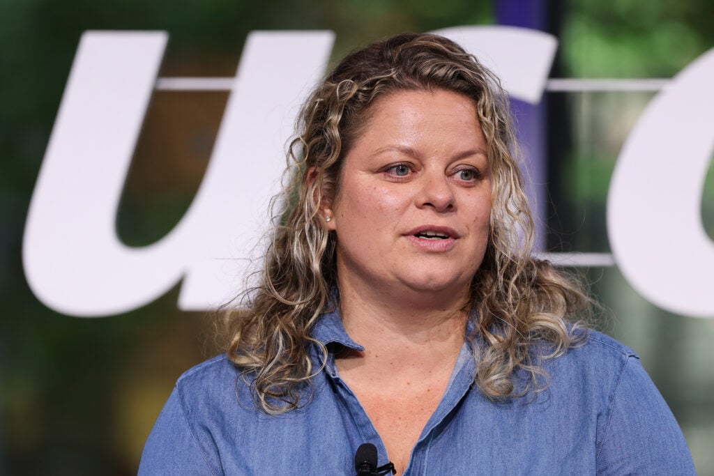 Kim Clijsters speaks during the US Open Reimagining Spectacular investment announcement for the Artur Ashe and USTA Billie Jean King National Tennis Center restoration at Times Center.