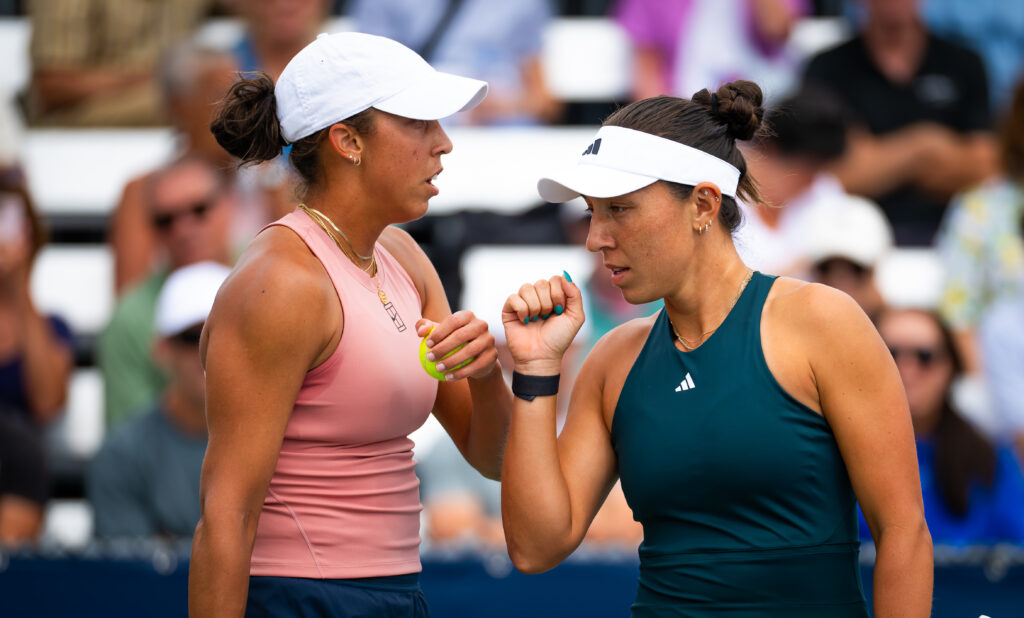 Madison Keys of the United States and Jessica Pegula of the United States in action against Peyton Stearns of the United States and Marketa Vondrousova of the Czech Republic in the first round of doubles of the National Bank Open at Stade IGA.