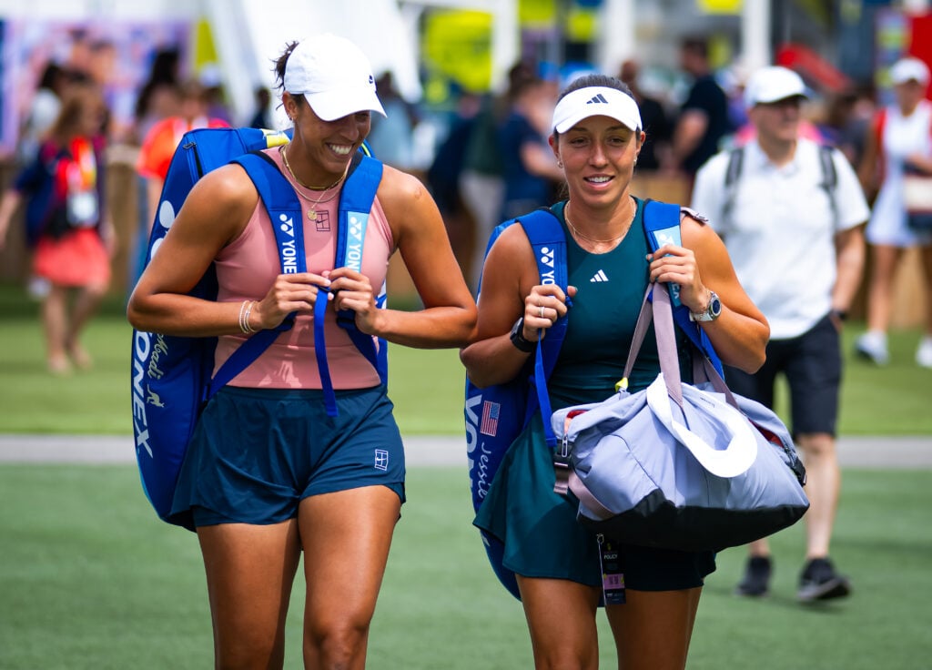 Madison Keys of the United States and Jessica Pegula of the United States on their way to the court to play against Peyton Stearns of the United States and Marketa Vondrousova of the Czech Republic in the first round of doubles of the National Bank Open at Stade IGA.