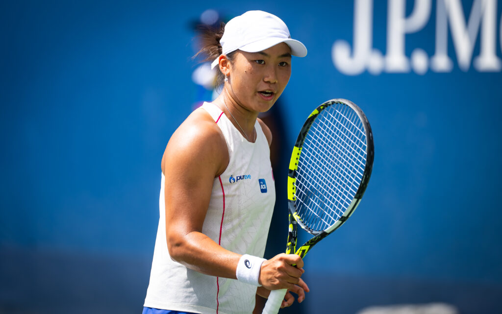 Janice Tjen of Indonesia in action against Veronika Kudermetova in the first round on Day 1 of the US Open at USTA Billie Jean King National Tennis Center.