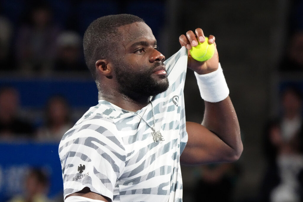 Frances Tiafoe reacts during his defeat to Marton Fucsovics at the 2025 Japan Open