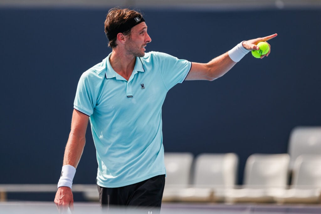 Arthur Rinderknech of France reacts in the Men's Singles Round of 32 match against David Goffin of Belgium on day 5 of the 2025 China Open at National Tennis Center.