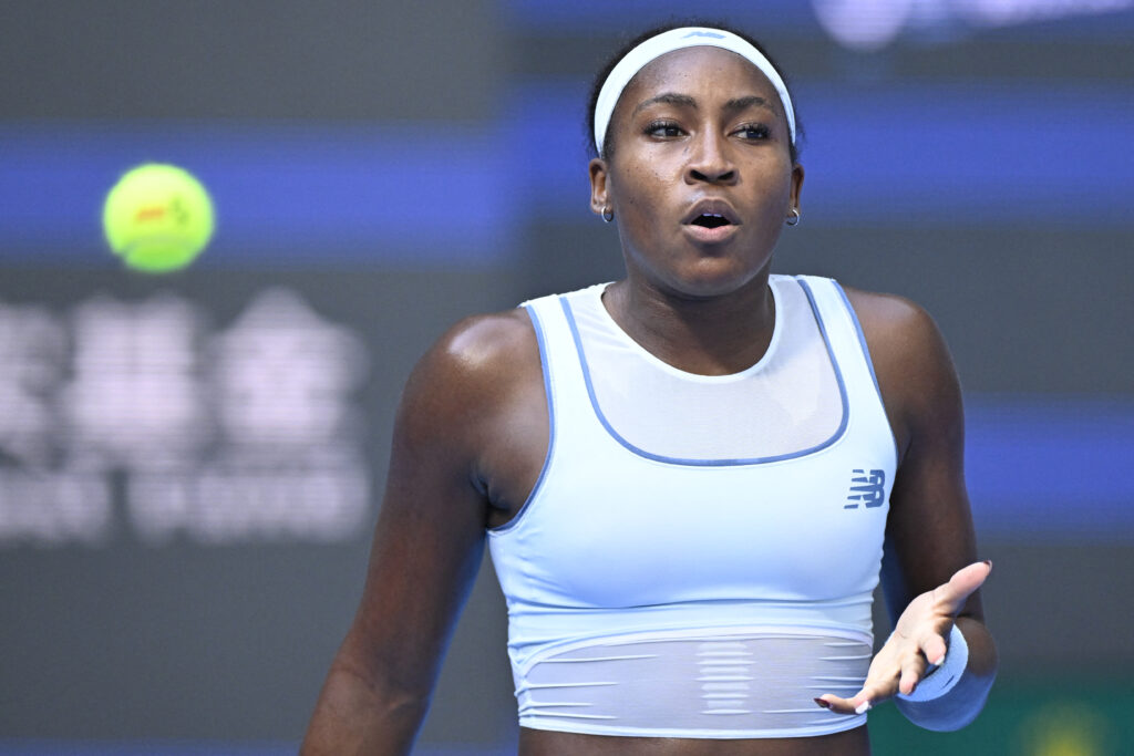 Coco Gauff reacts during her match with Leylah Fernandez at the 2025 China Open