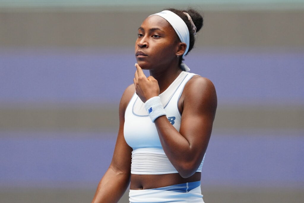 Coco Gauff of the United States in action against Amanda Anisimova of the United States during in the Women's Singles Semifinal match on day 13 of the 2025 China Open at National Tennis Center.