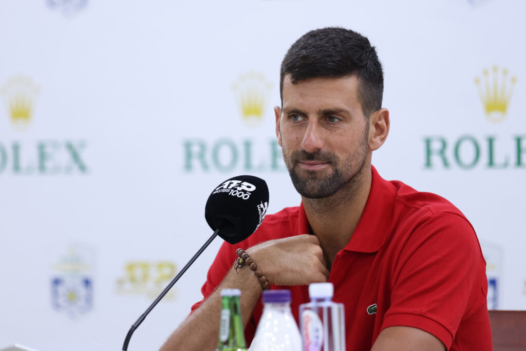 Novak Djokovic speaks during a press conference ahead of the 2025 Shanghai Masters