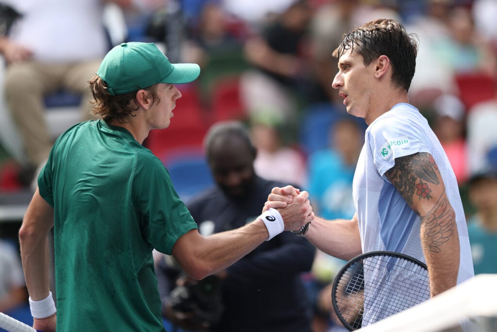 Alex de Minaur and Camilo Ugo Carabelli shake hands at the Shanghai Masters.