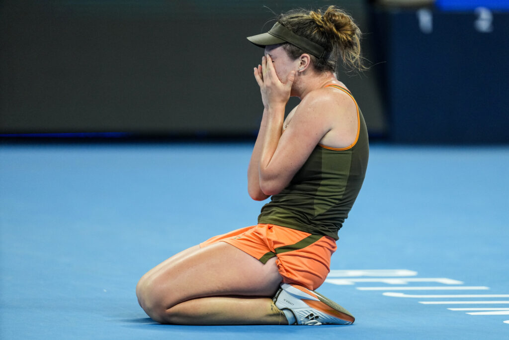 Linda Noskova celebrates after beating Jessica Pegula at the China Open.