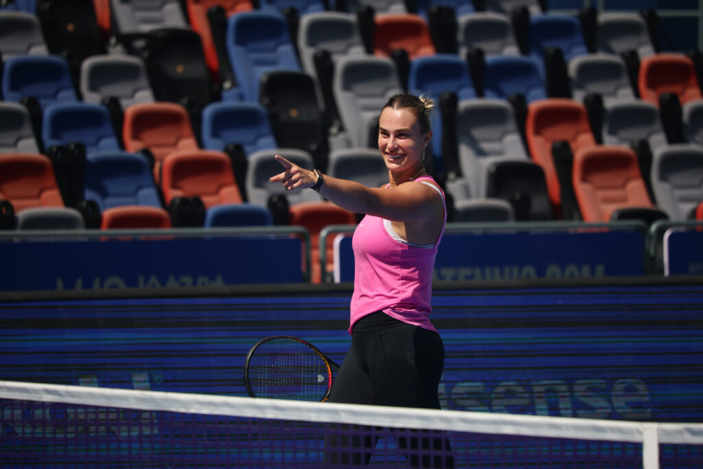 Aryna Sabalenka of Belarus attends a training session on day 2 of 2025 Wuhan Open.