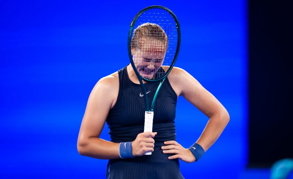 Mirra Andreeva reacts while playing against Laura Siegemund of Germany in the second round on Day 4 of the Wuhan Open at Optics Valley International Tennis Center.