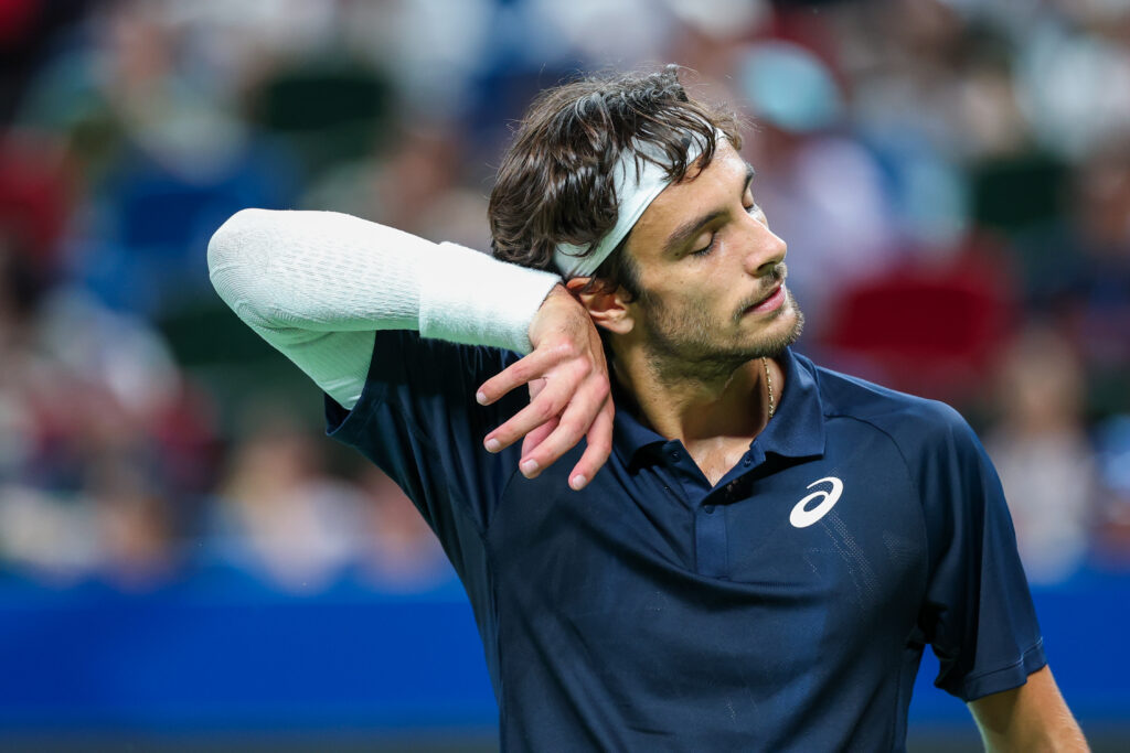 Lorenzo Musetti of Italy reacts during the match against Felix Auger-Aliassime of Canada in the Men's singles round of 16 match on Day 10 of 2025 Shanghai Rolex Masters at Qi Zhong Tennis Center,