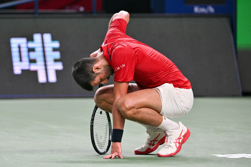 Novak Djokovic reacts during his quarter-final men's singles match against Belgium's Zizou Bergs at the Shanghai Masters tennis tournament in Shanghai.