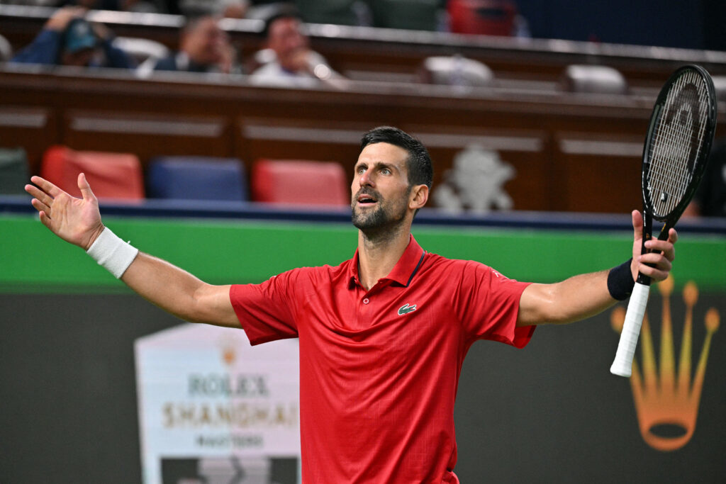 Novak Djokovic reacts after reaching the Shanghai Masters semifinals.