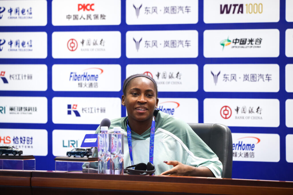 Coco Gauff of the United States attends a press conference on day 3 of 2025 Wuhan Open.