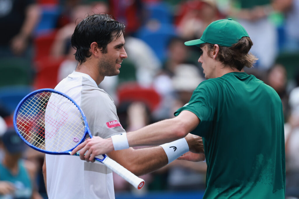 Alex de Minaur and Nuno Borges embrace after their match at the 2025 Shanghai Masters
