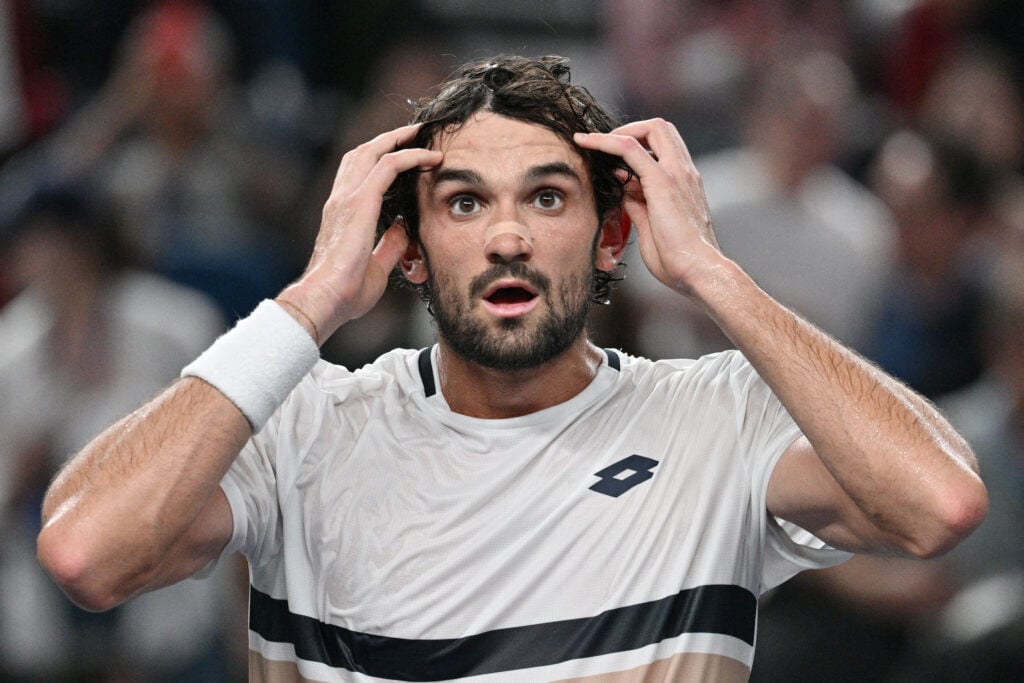 Valentin Vacherot reacts after beating Novak Djokovic in Shanghai.